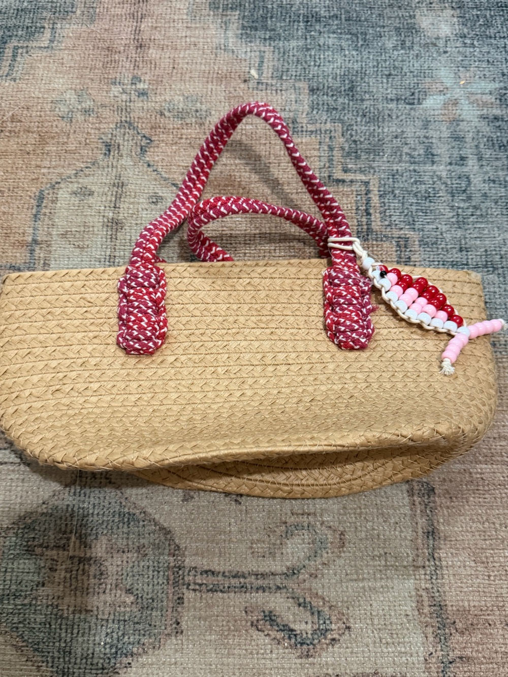 Woven Straw Tote with Pink Braided Handles